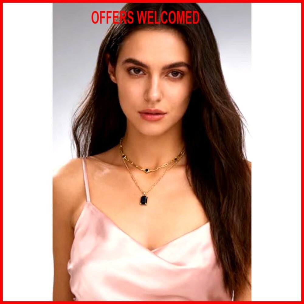 14k Gold Plated Rhinestone Choker Necklace, Layered Pendant Paperclip Design - Picture 6 of 8